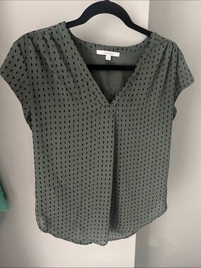 Fun2fun Olive Green Polka Dot V-Neck Cap Sleeve Blouse